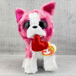 Ty Beanie Boo Romeo 6 inch Beanbag Plush Pink Heart Puppy Dog Holding Red Heart